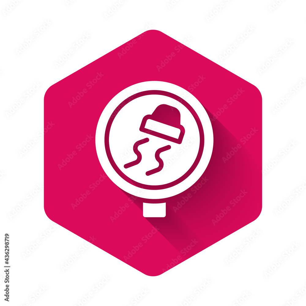 White Slippery road traffic warning icon isolated with long shadow background. Traffic rules and safe driving. Pink hexagon button. Vector White Slippery road traffic warning icon isolated with long shadow background. Traffic rules and safe driving. Pink hexagon button. Vector