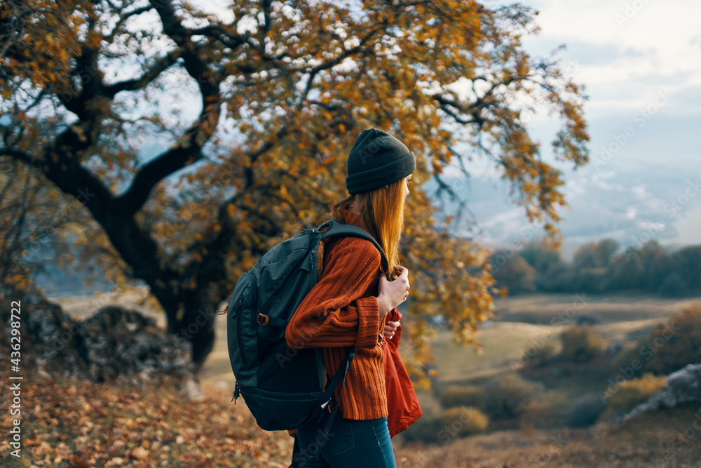 woman hiker landscape travel mountains autumn forest
