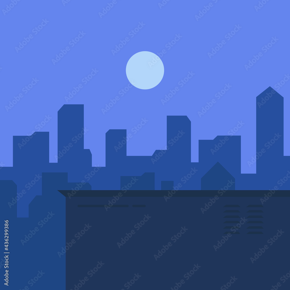 Naklejka premium Simple mini city silhouette illustration. Blue city silhouette with moon. Square sized city silhouette with moon.