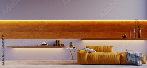 3d rendering,3d illustration, Interior Scene and  Mockup, Grey wall with yellow modern sofa and wall light decorated with wood panel