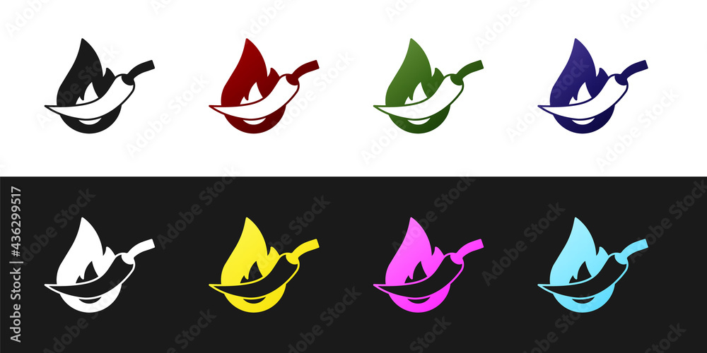 Set Hot chili pepper pod icon isolated on black and white background. Design for grocery, culinary products, seasoning and spice package, cooking book. Vector
