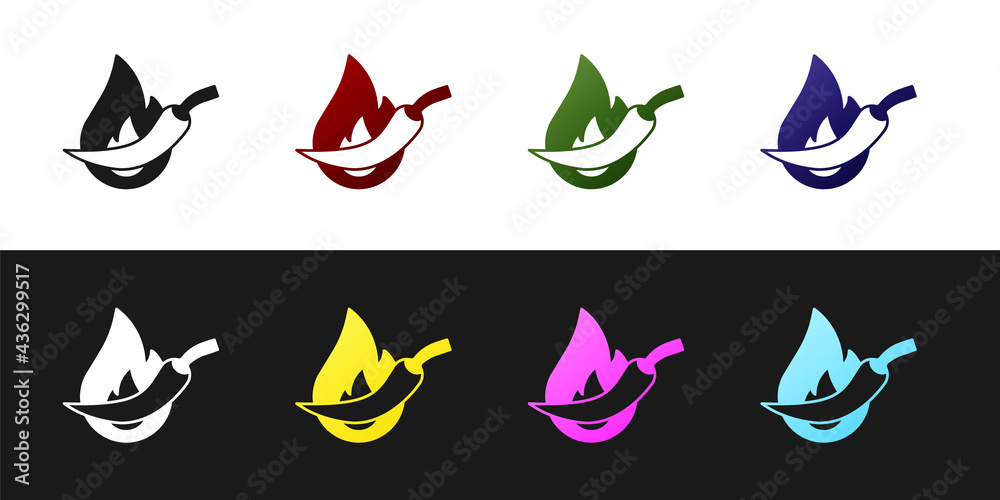 Set Hot chili pepper pod icon isolated on black and white background. Design for grocery, culinary products, seasoning and spice package, cooking book. Vector Set Hot chili pepper pod icon isolated on black and white background. Design for grocery, culinary products, seasoning and spice package, cooking book. Vector