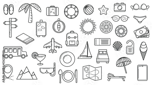 Set Abstract Doodle Elements Hand Drawn Collection Travel Tourism Sketch Vector Design Style Background Summer Sun Compass Camera Plane Glasses Ticket Illustration Icons