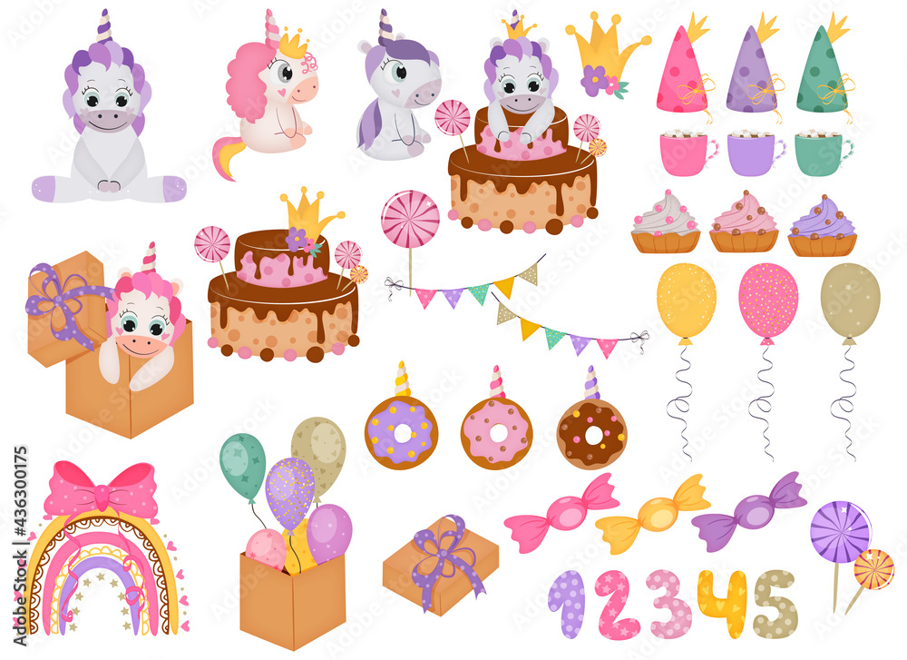 Fototapeta premium Unicorn birthday set in cartoon style. Kids vector illustration.