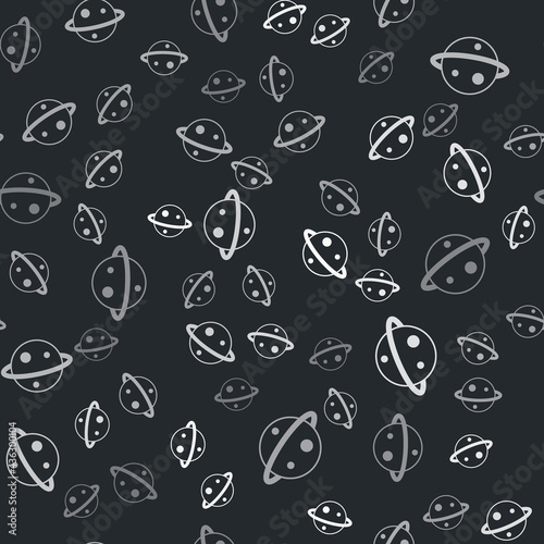 Grey Planet Saturn with planetary ring system icon isolated seamless pattern on black background. Vector
