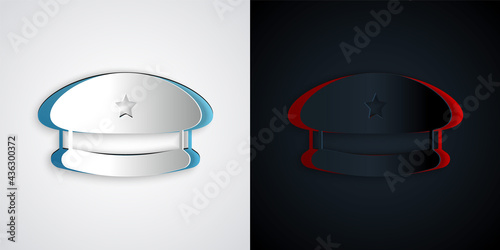 Paper cut Military beret icon isolated on grey and black background. Soldiers cap. Army hat. War baret. Paper art style. Vector