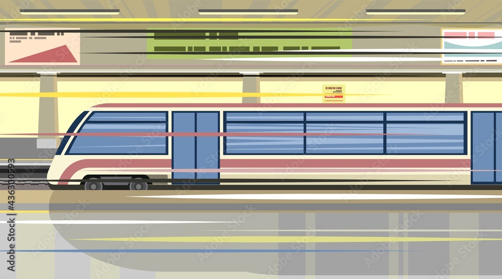High-speed train at the metro station. Suburban and urban underground transport. Blue. Railway with a locomotive. Illustration. Flat style design. Vector