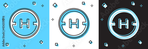 Set Helicopter landing pad icon isolated on blue and white, black background. Helipad, area, platform, H letter. Vector