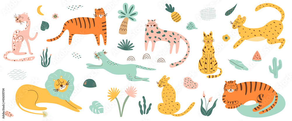Obraz Wild cat set. Safri animals collection. Tiger, lion, leopard, jaguar African feline animals tropical palm