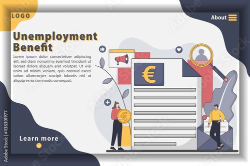 Unemployment benefit Landing page concept template illustration. lost job, tired stressed businessman, claim form, workers compensation.