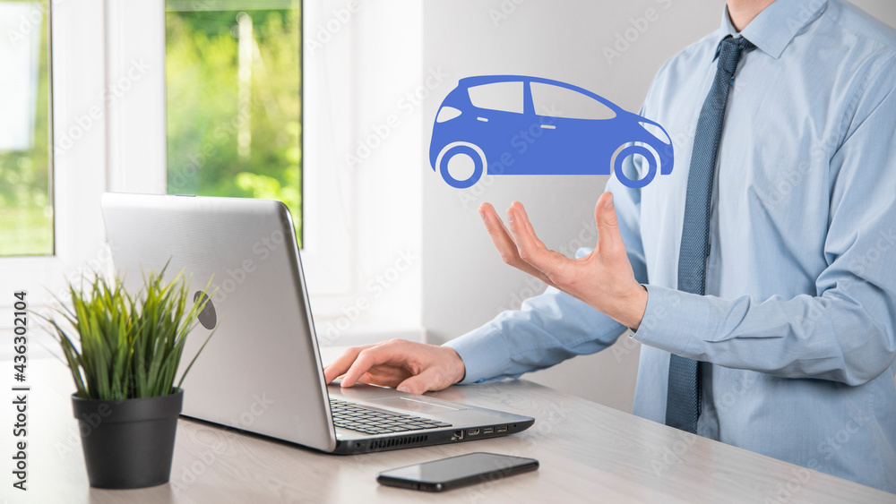 Digital composite of Man holding car icon.Car automobile insurance and car services concept. Businessman with offering gesture and icon of car