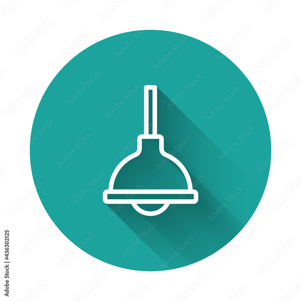 White line Lamp hanging icon isolated with long shadow background. Ceiling lamp light bulb. Green circle button. Vector