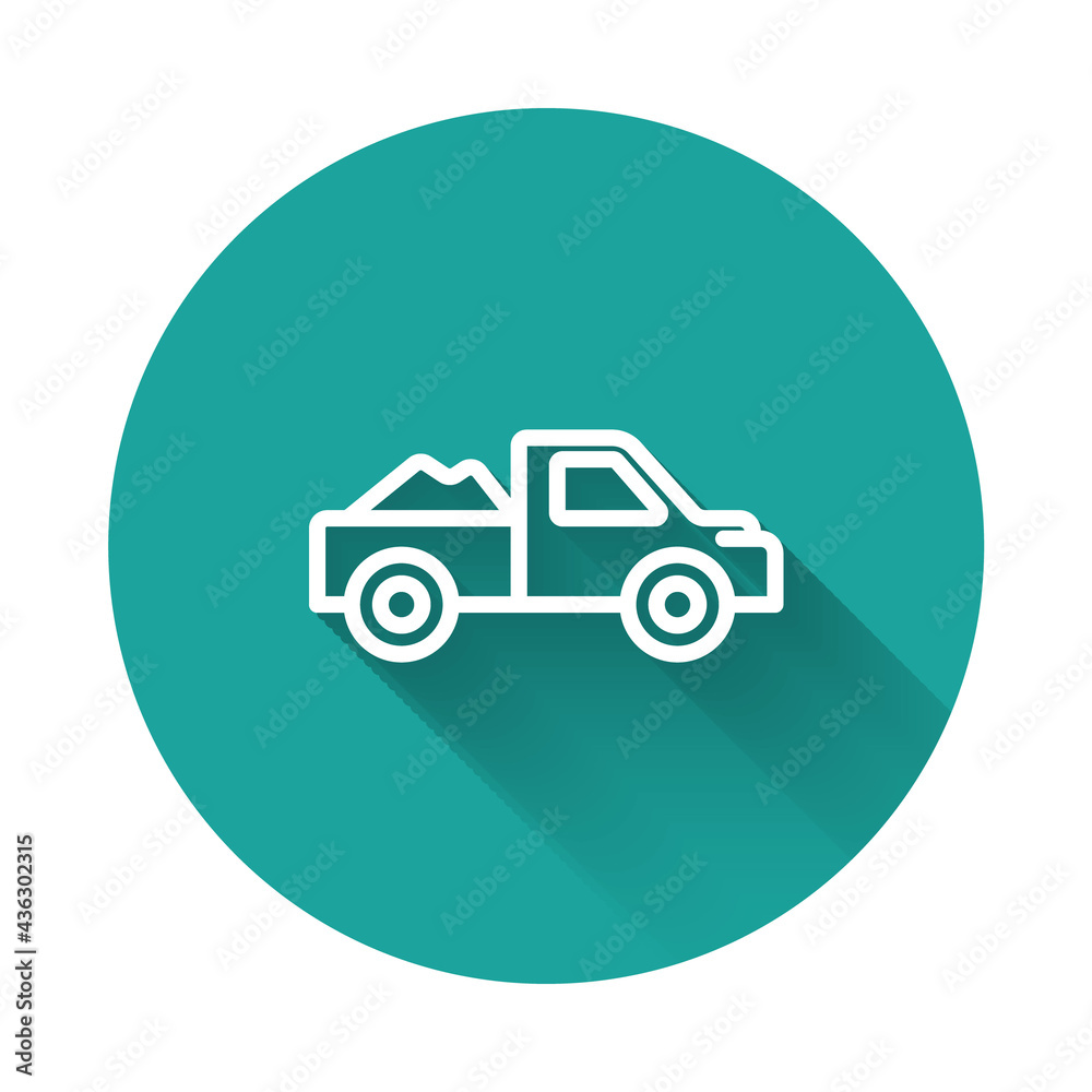 White line Pickup truck icon isolated with long shadow background. Green circle button. Vector White line Pickup truck icon isolated with long shadow background. Green circle button. Vector