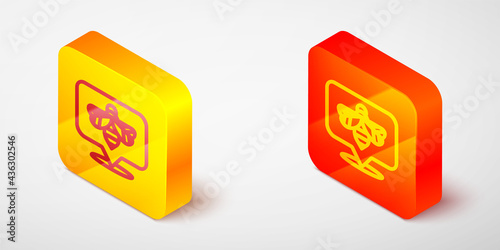 Isometric line Bee icon isolated on grey background. Sweet natural food. Honeybee or apis with wings symbol. Flying insect. Yellow and orange square button. Vector