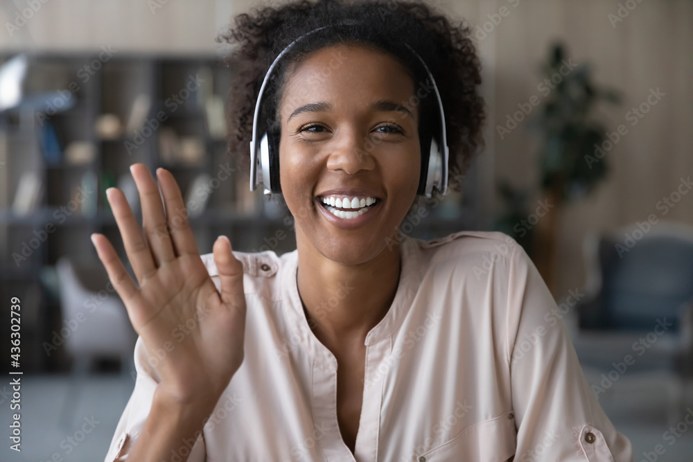 Black woman, smile and phone in social media with headphones in joy for 5G  connection in the outdoors. Happy African American female student smiling  for technology and internet on mobile smartphone