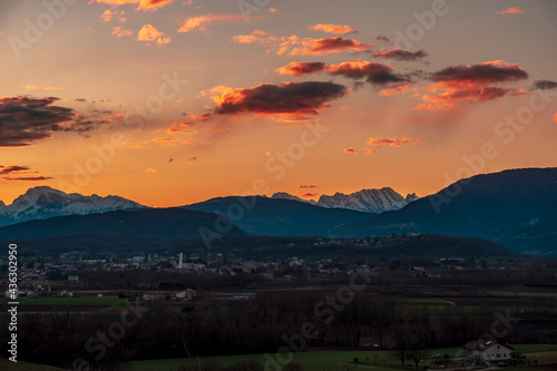 Winter colorful sunset in the countryside of Friuli-Venezia Giulia, Italy