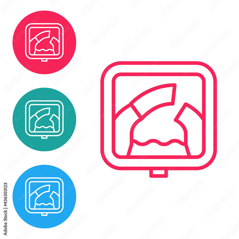 Red line Drawbridge ahead icon isolated on white background. Information road sign. Set icons in circle buttons. Vector Red line Drawbridge ahead icon isolated on white background. Information road sign. Set icons in circle buttons. Vector