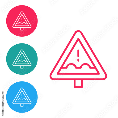 Red line Uneven road ahead sign. Warning road icon isolated on white background. Traffic rules and safe driving. Set icons in circle buttons. Vector