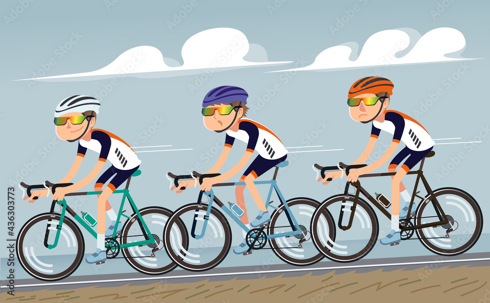 Bicycle practice training as a team together. Professional rider bike group with speed up at road. Bicycle practice training as a team together. Professional rider bike group with speed up at road.