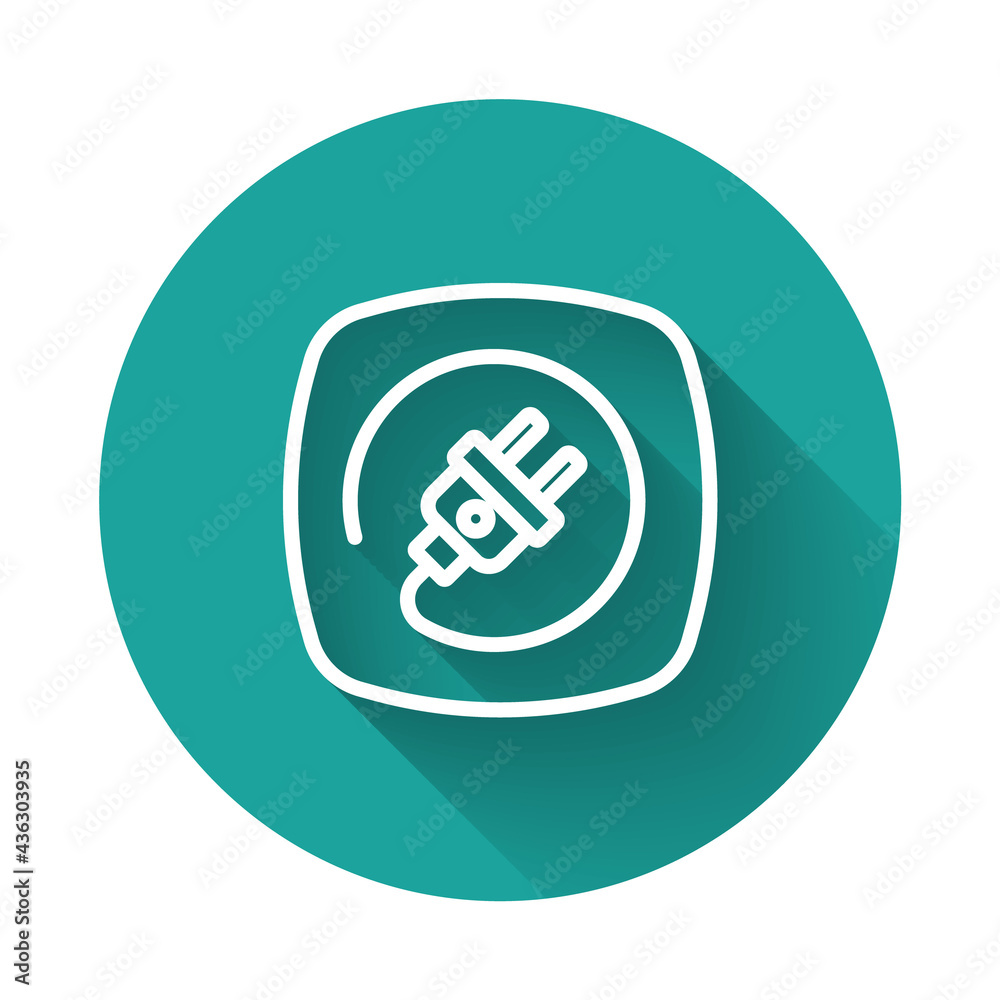 White line Electric plug icon isolated with long shadow background. Concept of connection and disconnection of the electricity. Green circle button. Vector