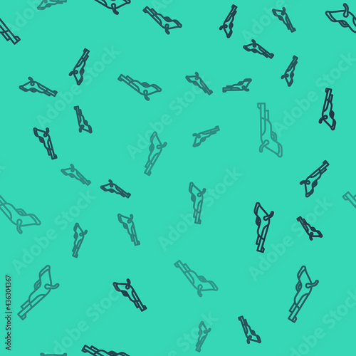Black line Vintage pistols icon isolated seamless pattern on green background. Ancient weapon. Vector