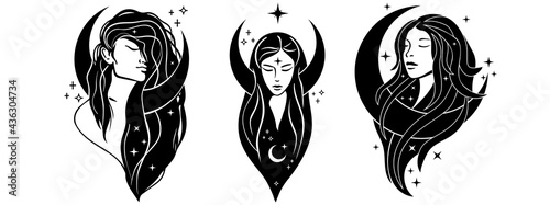 Beautiful females with moon. Moon goddess hand drawn illustrations. Bohemian goddess. Magic girl, witch with the moon, tarot cards, occult symbol, moon phases.