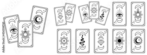Magical tarot cards. Magic occult tarot cards, esoteric boho spiritual tarot reader. moon, crystal evil eye symbols vector illustration set. magic mystic esoteric minimalist concept logo