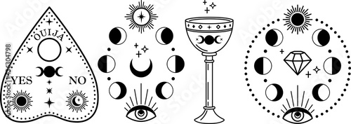 Sacred Witch and Mystical Symbols, Witchy hand drawn magic element,witchcraft, witch cat, evil eye, crystal, mystery tattoo vector illustration icons set.