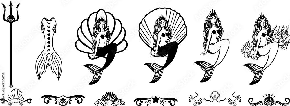 Ocean Magic illustrations. Sea and ocean witch symbols. Seashell, mermaid,  seahorse, under the sea life. Water goddess set tattoo and logo design  Stock Vector | Adobe Stock