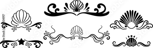 Ocean Magic illustrations. Sea and ocean witch symbols. Seashell, mermaid, seahorse, under the sea life. Water goddess set tattoo and logo design