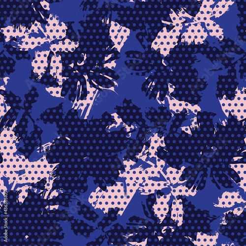 Pink Navy Botanical Tropical Floral Seamless Pattern with dotted Background