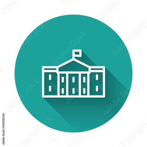 White line United States Capitol Congress icon isolated with long shadow background. Washington DC, USA. Green circle button. Vector