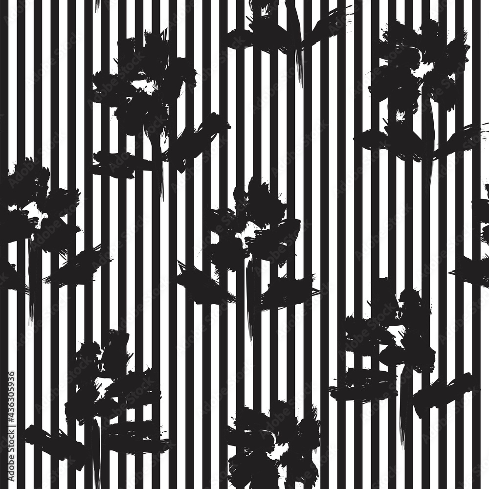 Obraz premium Black and White Botanical Floral Seamless Pattern with striped Background