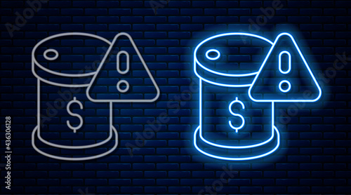 Glowing neon line Drop in crude oil price icon isolated on brick wall background. Oil industry crisis concept. Vector