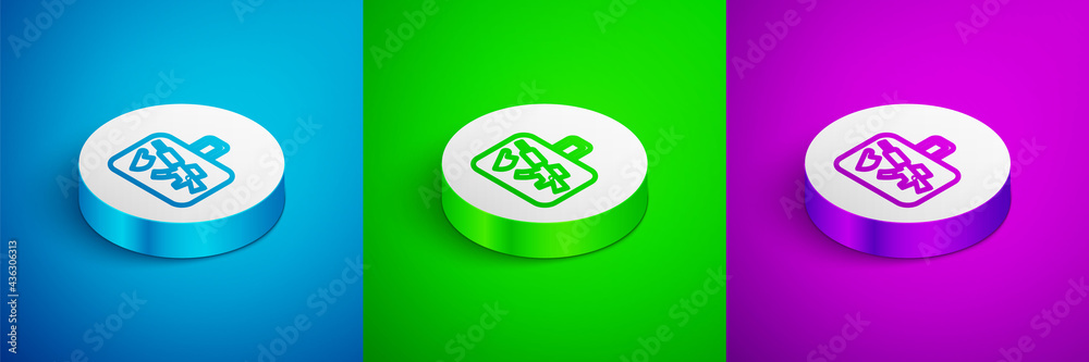 Isometric line Suitcase for travel icon isolated on blue, green and purple background. Traveling baggage sign. Travel luggage icon. White circle button. Vector Isometric line Suitcase for travel icon isolated on blue, green and purple background. Traveling baggage sign. Travel luggage icon. White circle button. Vector