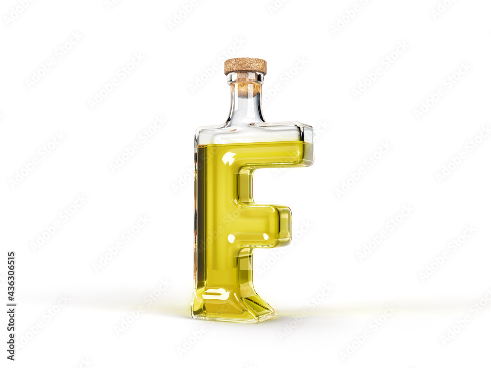 Letter F shaped bottle with olive oil inside. 3d illustration, suitable for cooking, alphabet and healthy eating themes