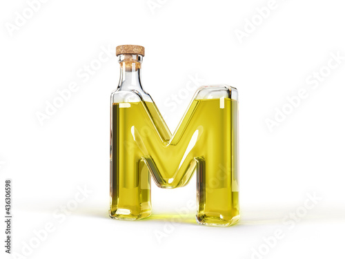 Letter M shaped bottle with olive oil inside. 3d illustration, suitable for cooking, alphabet and healthy eating themes