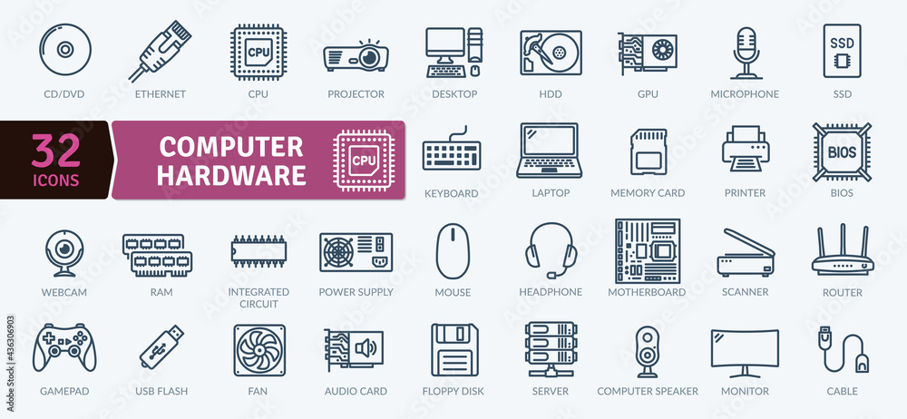 Computer Hardware and peripheral Icons Pack. Thin line icons set. Flat icon collection set. Simple vector icons