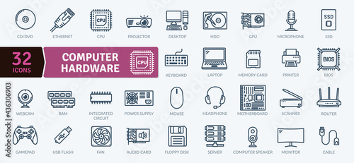 Computer Hardware and peripheral Icons Pack. Thin line icons set. Flat icon collection set. Simple vector icons photo
