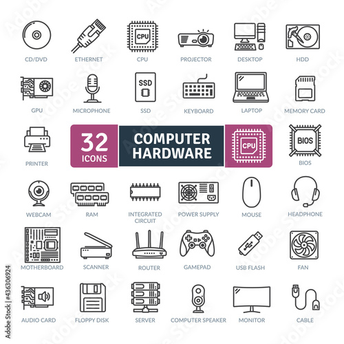 Computer Hardware and peripheral Icons Pack. Thin line icons set. Flat icon collection set. Simple vector icons