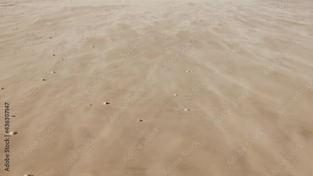 Closeup of fast-moving sand at the beach, heavy wind. Environmental background footage. Shot at 60fps.