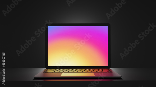 Laptop computer black color place on table with dark background. 3D illustration rendering image.