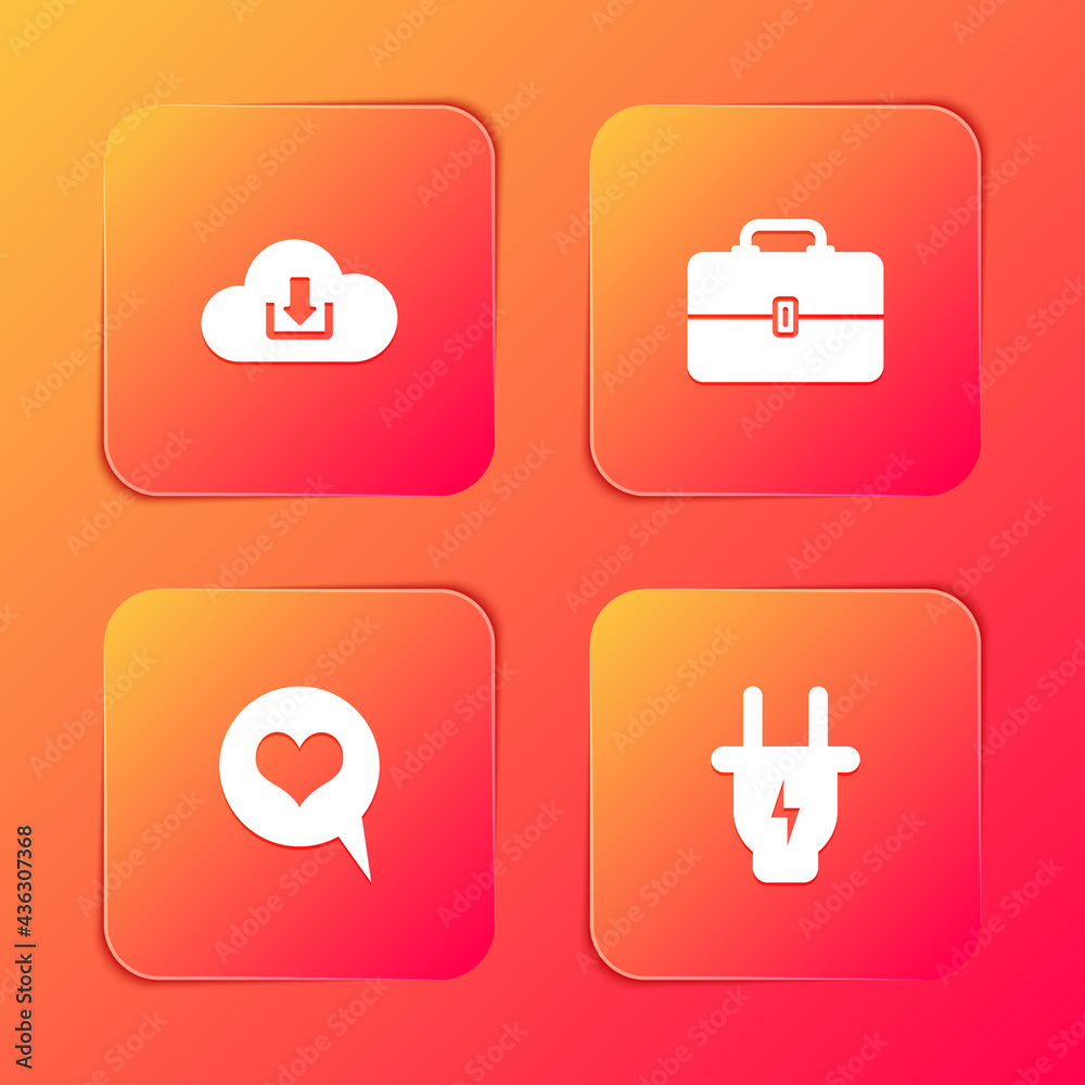 Set Cloud download, Toolbox, Heart in speech bubble and Electric plug icon. Vector Set Cloud download, Toolbox, Heart in speech bubble and Electric plug icon. Vector