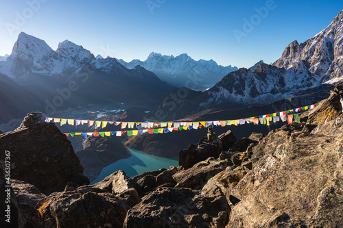 Beautiful morning sunrise over Himalaya mountains range. Top view from Gokyo Ri view point in Everest region, Nepal