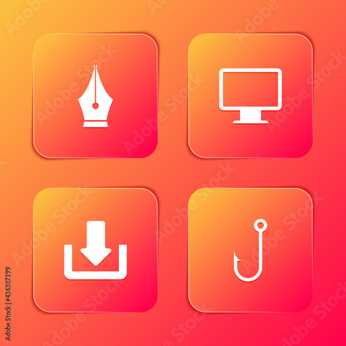 Set Fountain pen nib, Computer monitor screen, Download and Fishing hook icon. Vector