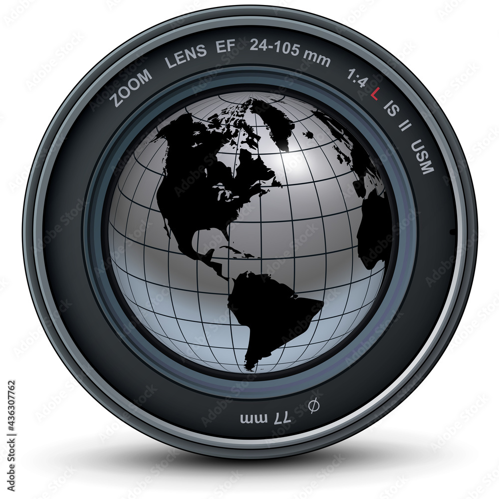 Camera photo lens and silver earth globe, The world inside the camera icon,  vector illustration. vector de Stock | Adobe Stock