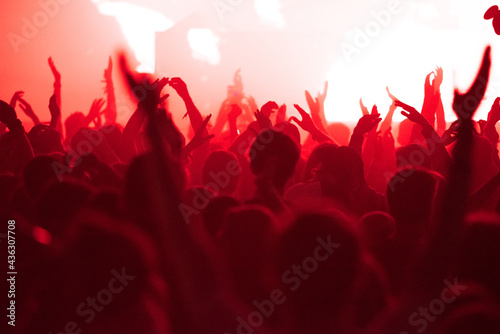 Concert crowd with raised arms partying at music festival i