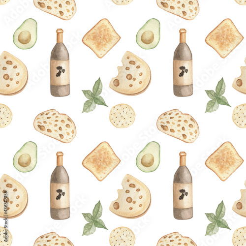 Seamless pattern .Picnic. For textiles. White background. Bruschet. Coffee. Food. Packaging. photo