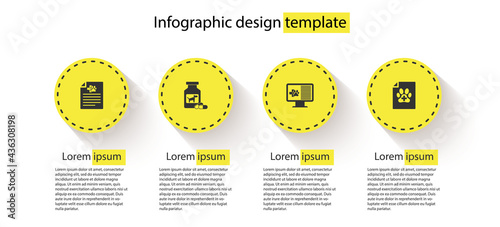 Set Medical certificate for dog or cat, Dog medicine bottle and pills, Clinical record pet on monitor and . Business infographic template. Vector