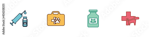 Set Syringe with pet vaccine, Pet first aid kit, Cat medicine bottle and Veterinary clinic icon. Vector